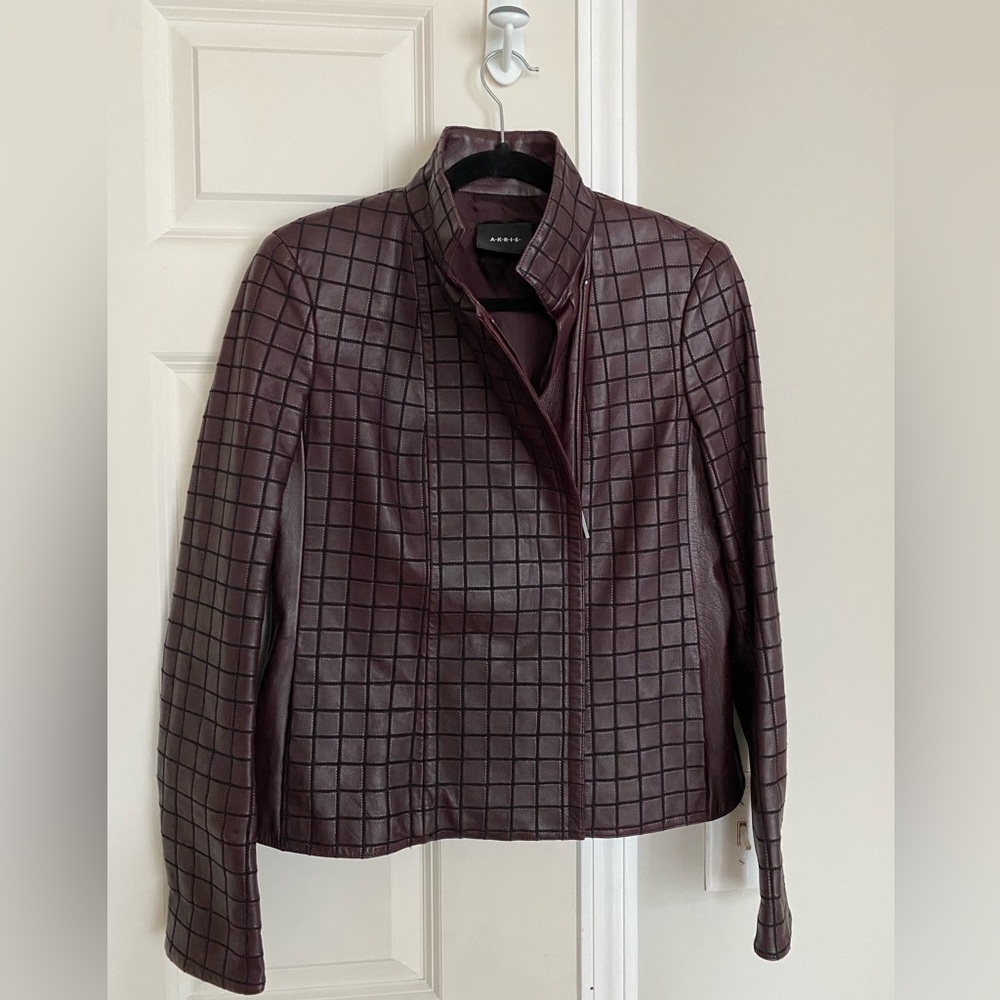 Burgundy Akris Leather Jacket with black embroidery • Size 8